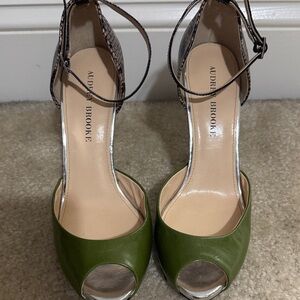 Audrey Brooke Olive Green Peep-Toe Platform Ankle Strap Heels